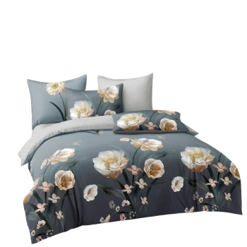 Pościel 160x200 bawełna satynowa szara w kwiaty PK724 z prześcieradłem